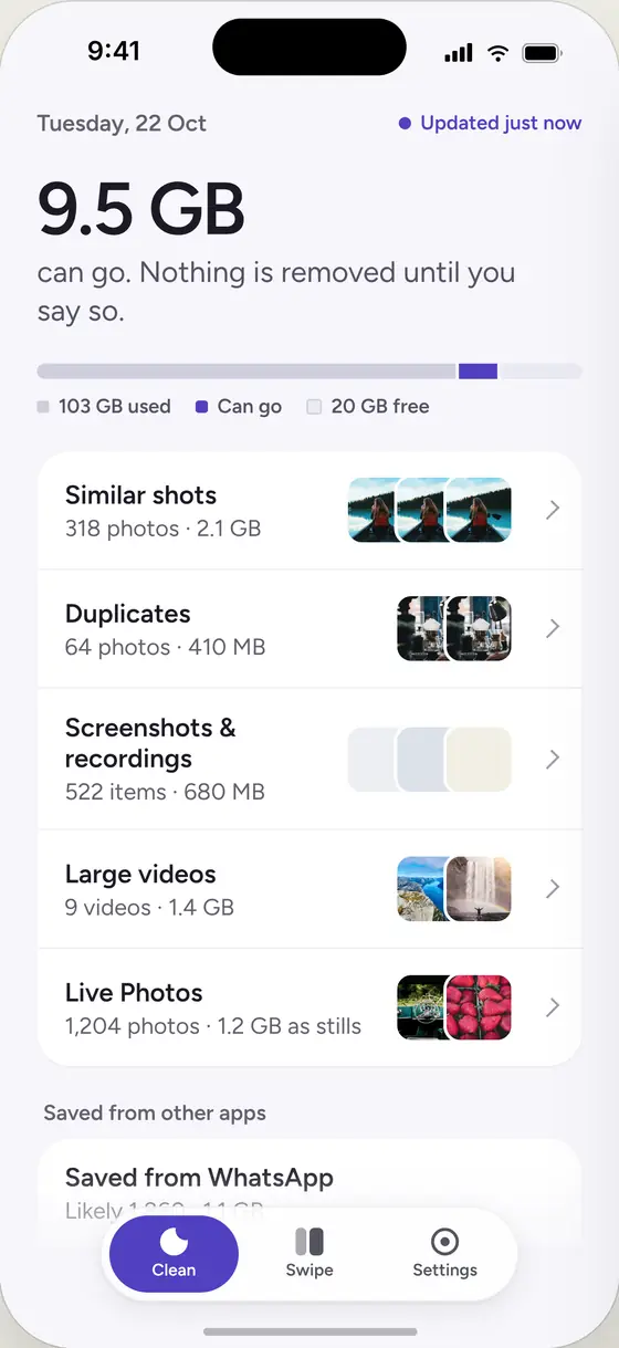 The éPure Clean tab, showing how much space can go and categories such as Similar shots, Duplicates and Large videos.