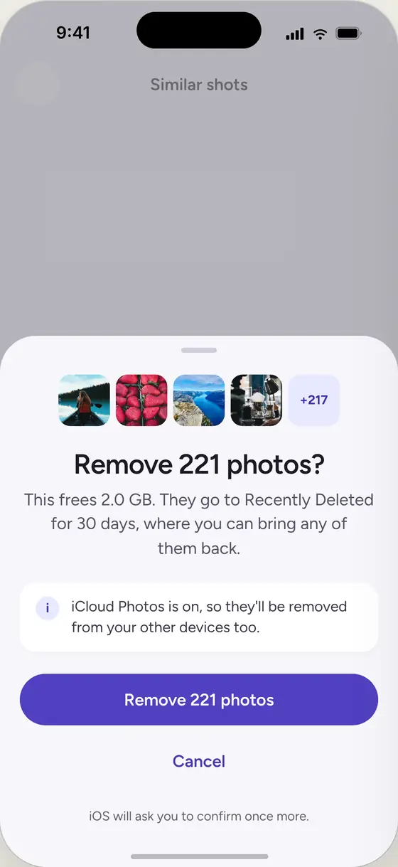 The confirm sheet in éPure, asking to remove 221 photos and explaining they go to Recently Deleted for 30 days.