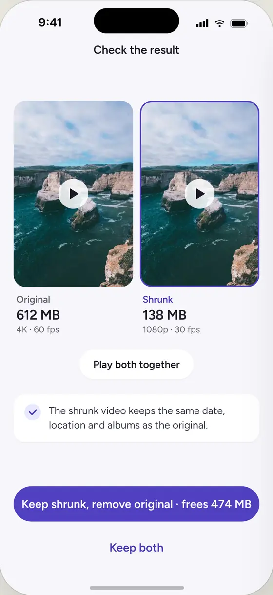 The before and after screen in éPure, with the original video at 612 MB beside the shrunk copy at 138 MB.